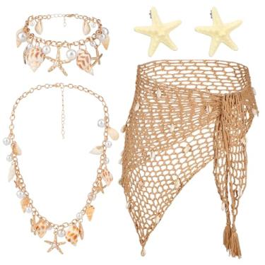 Imagem de XEPST Fantasia de sereia feminina – Conjunto de acessórios de sereia, 5 peças, com saia de crochê sarongue, presilhas de cabelo de estrela do mar, joias para fantasias de Halloween, cosplay, fantasia