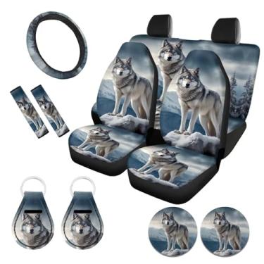 Imagem de ZFRXIGN Capas de assento de carro Wolf para mulheres, conjunto completo de capa de volante de carro + capa de cinto de segurança + porta-copos + porta-copos + chaveiro conjunto de acessórios