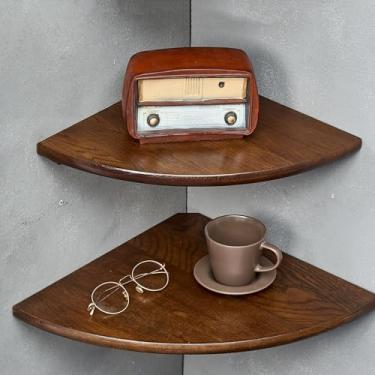 Imagem de Prateleiras de canto, prateleira de canto flutuante, conjunto de 2 prateleiras de parede de madeira de carvalho maciço de 30 cm, extremidade redonda com orifício de arame para plantas pequenas para