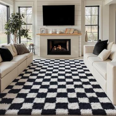 Imagem de PureCozy Tapete quadriculado 22 x 30 cm para sala de estar, preto e branco moderno felpudo super macio lavável tapete felpudo para quarto, casa, dormitório, decoração estética