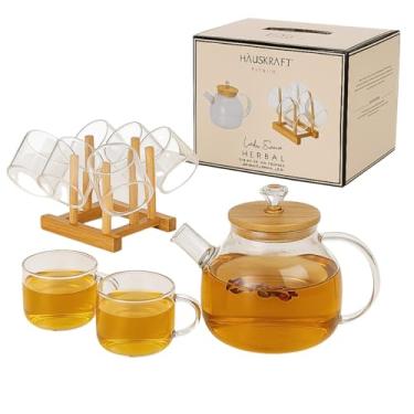 Imagem de Conjunto de Chaleira de Vidro para Chá, 1L, com 6 Xícaras e Suporte em Bambu Hauskraft