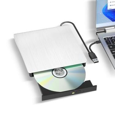 Imagem de Unidade externa de CD/DVD, USB 3.0 e leitor de CD/DVD tipo C, leitor de CD ROM +/-RW, gravador de CD externo para laptop, desktop, Mac, Windows Linux (branco)