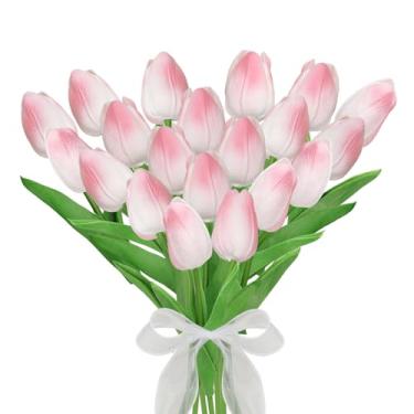 Imagem de DOVORSY 20 peças de buquê de flores artificiais de poliuretano, simulação de tulipas de poliuretano, buquê de flores de látex, 34,8 cm, para o dia das mães, casa, escritório, casamento, decoração de