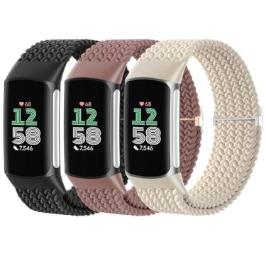 Imagem de Pulseiras trançadas de nylon trançadas compatíveis com Fitbit Charge 6/Charge 5, pacote com 3 pulseiras ajustáveis e elásticas de nylon macio para relógio inteligente Fitbit Charge 5/Charge 6 Tracker