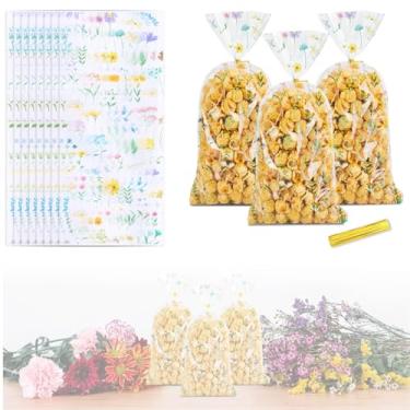 Imagem de Blinket 100 unidades de sacos de guloseimas de celofane de flores silvestres 12 × 27 polegadas sacos de brindes de plástico floral para festa, aniversário, casamento, chá de bebê, biscoitos