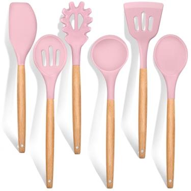 Imagem de E-far Conjunto de 6 utensílios de cozinha, utensílios de cozinha de silicone com cabo de madeira, antiaderentes e resistentes ao calor, inclui espátula/concha/espátula com fenda/colher de servir