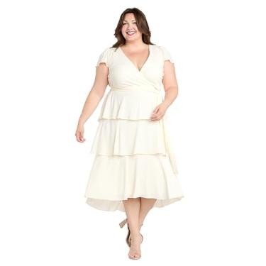 Imagem de R&M Richards Elegante vestido midi em camadas branco com laço na cintura e mangas curtas, Branco, 52