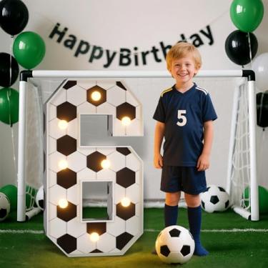 Imagem de Decorações de festa de aniversário de futebol, decorações de 6 anos para meninos, letreiro de 9,5 m com iluminação número 6, suprimentos de decoração de festa com tema de futebol, lembrancinhas