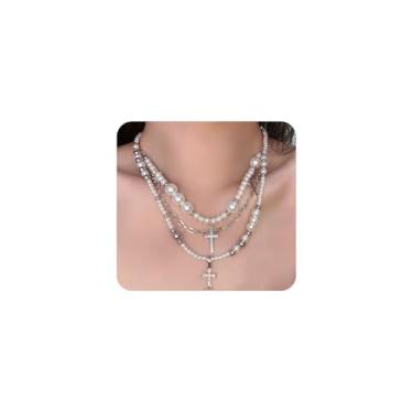 Imagem de Colares góticos com cruz de pérola para mulheres, colar gargantilha com pingente de crucifixo de cristal de prata retrô, colares empilháveis de pérolas grossas, presentes de batismo, Large, Liga de