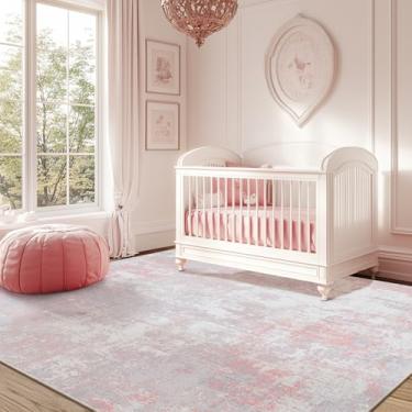 Imagem de RELEANY Tapetes laváveis 1,8 m x 2,5 m, antiderrapante, moderno, abstrato, macio para sala de estar, entrada, quarto, berçário, estampa estampada, cinza e rosa