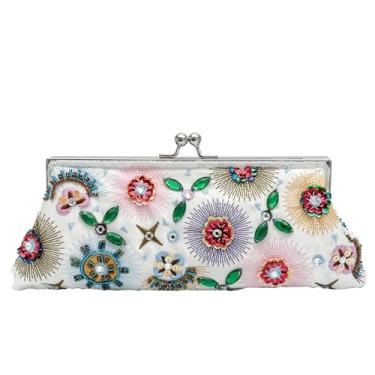 Imagem de lapulio Bolsa Clutch Bordada Com Lantejoulas E Folhas Florais Coloridas, Pequena De Mão Para Baile Formatura, Casamento, Noite Feminina (Branca)