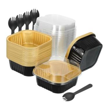 Imagem de HARFINGTON Pacote com 40 mini formas de bolo descartáveis de 293 ml com tampas e colheres em folha de alumínio dourada preta quadrada para assar cupcake copos de sobremesa lata para festa de