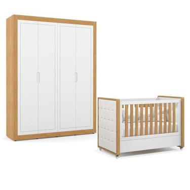 Imagem de Berço Americano Com Capitonê New Boucle E Guarda Roupa Tutto New 4 Portas Freijó Branco Acetinado - Matic