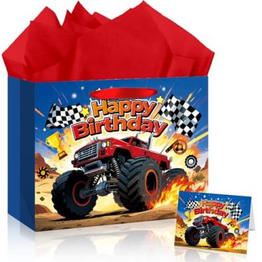 Imagem de TQQBUU Bolsa de presente Monster Truck, bolsa de presente de feliz aniversário com papel de seda e cartão comemorativo, lembrancinhas de festa temáticas de carros para meninos, festa de aniversário