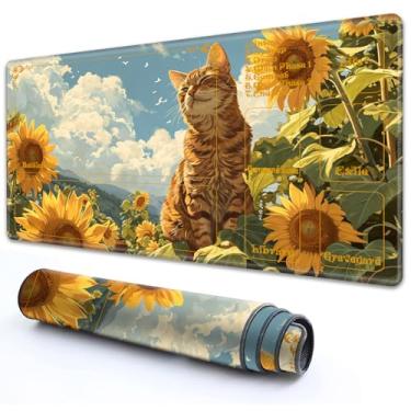 Imagem de RMJKXQZG for MTG Playmat with Zones 24" x 14" with High Elastic Rubber Base Non-Slip Rubber Sole HD Printing for MTG Magic Mat Card Playmat Magic Playmats Mouse Pad, Orange Cat Golden Sunflower