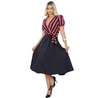 Imagem de Vestido Feminino Moda Evangélica Midi Casual Listrado Preto - Shoptuco