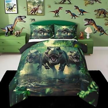 Imagem de Feelyou Conjunto de edredom infantil king size com dinossauro, verde e microfibra macia, para todas as estações, com 1 edredom + 2 fronhas