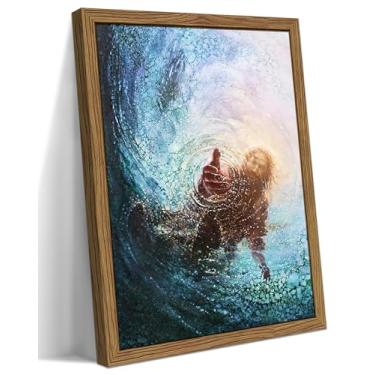 Imagem de Arte de parede cristã de Jesus com moldura de madeira, impressões de pôsteres de pinturas em tela Mão de Deus, religião de Cristo, Bíblia Jesus Salvação, decoração de parede para igreja, sala de