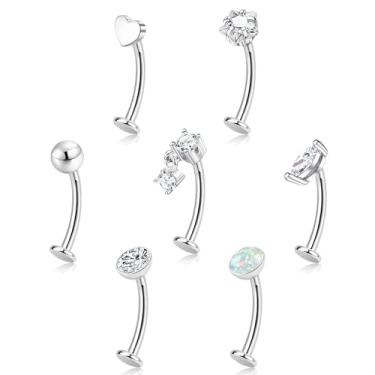 Imagem de ORAZIO Anel de umbigo 7 peças de aço cirúrgico hipoalergênico flutuante piercing de umbigo para mulheres com costas planas CZ opala rosqueada internamente barra longa piercing de umbigo joia 14G