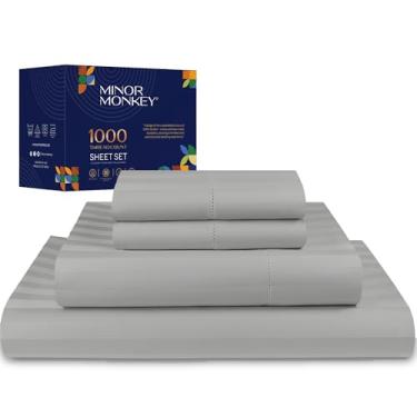 Imagem de Minor Monkey Lençóis listrados damasco 100% algodão egípcio, lençol respirável luxuoso de 1000 fios, conjunto de lençol casal de 4 peças, conjunto de lençóis longos com bolso profundo de 40,6 cm