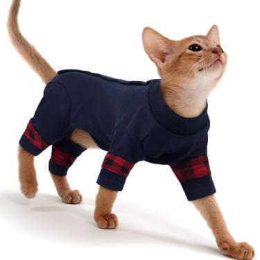 Imagem de PUMYPOREITY Roupas para gatos Sphynx, suéter elástico, camisa macia sem pelos, pijama, azul, P