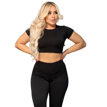 Imagem de Conjunto Legging e Cropd Manguinha Vih Triny Canelado Poliéster Moda Fitness Academia-Feminino