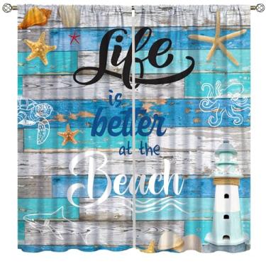 Imagem de Cortinas de praia estrela-do-mar para cozinha, calçadão de praia azul vintage rústico estrela do mar tartaruga animais marinhos tratamentos de janela para crianças meninos quarto sala de estar 106,7 x