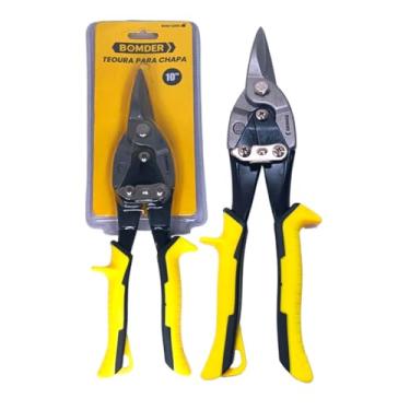 Imagem de Tesoura para Chapa, Preto e Amarelo 25cm, Alças Ergonômicas Antiderrapante, Fecho de Segurança Metálico, Corte Uniforme