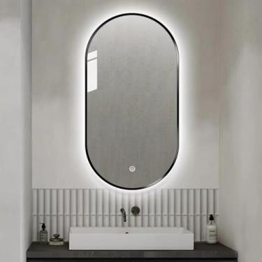 Imagem de Espelho De Banheiro Led Oval, Espelho De Maquiagem Com Temperatura De 3 Cores, Espelho Iluminado Regulável Retroiluminado, 40x60cm; 40x80cm; 50x70cm; 50x80cm; Espelho De Parede, Black, 50x70cm