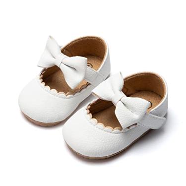Imagem de Bellocasa Sapatilhas Baby Mary Jane para meninas com laço de algodão, sola antiderrapante, para bebês e meninas com vestido de princesa de primeiro andar, sapatos de casamento, 1c/Branco, 12-18 Months Toddler