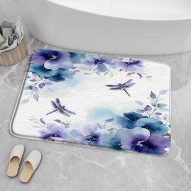 Imagem de JEJOMEAG Tapete de banho floral aquarela abstrato azul roxo flor libélula primavera rústica casa de fazenda espuma viscoelástica capacho macio cozinha tapete de banheiro tapete / tapetes, 45,7 x 76 cm