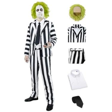 Imagem de Terno de fantasia preto e branco masculino adulto faixa vertical jaqueta com calça listrada camisa gravata fantasias de Halloween fantasia de filme assustador anos 80 cosplay festa roupa SV018XXL