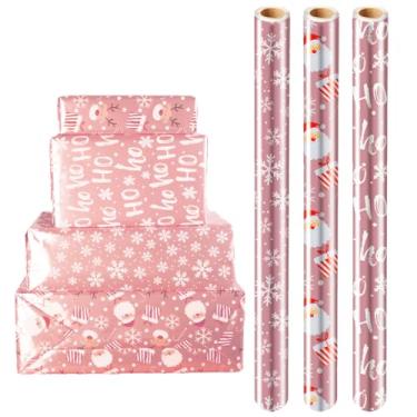 Imagem de Oeyliz Papel de embrulho de Natal rosa para presente de árvore de Natal, boneco de neve, Papai Noel, floco de neve 43 x 304 cm, 3 rolos