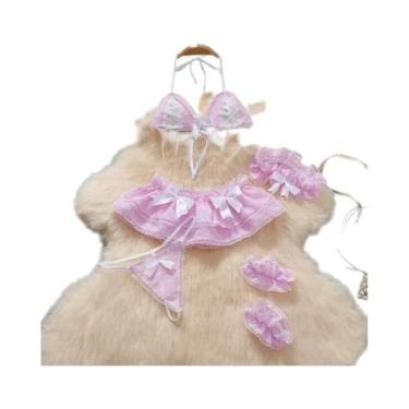 Imagem de Conjunto De Top Cropped Sem Mangas Com Babados Rosa E Saia Mini Em 2 P