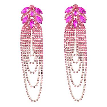 Imagem de Brinco Festa 15 Anos Madrinha Rosa Pink Zircônia Longo Maxi Brilho Flor - Brinco Debutante Formatura Rosa Claro Cristais Pedraria Brilhante - Amiga Presente Namorada Mãe Casamento Moderno Cascata Luxo