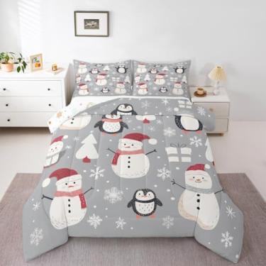 Imagem de Feelyou Conjunto de edredom casal de Natal, boneco de neve, floco de neve, para crianças, meninos, meninas, pinguim, presente de ano novo, decoração de quarto de microfibra, 3 peças com 2 fronhas