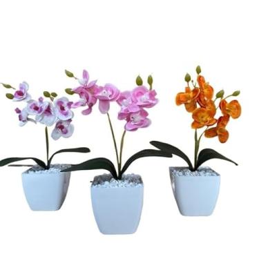 Imagem de Decoração Sala, kit três vasinhos mini arranjo de orquídeas permanentes efeito real decoração(TRIO MODELO 23)