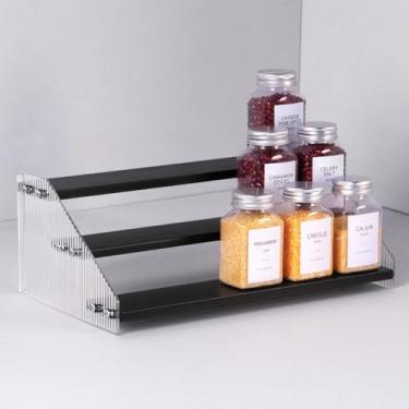 Imagem de nianfeng Porta-temperos em camadas, organizador de armário de cozinha de 3 níveis, 30 cm, suporte de escada de acrílico de madeira natural, prateleira de tempero de bancada (preto)
