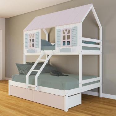 Imagem de Beliche Casal/ Solteiro Casinha Bela 02 Gavetas Rosa - Madeira Maciça Branco/rosa/verde Housin