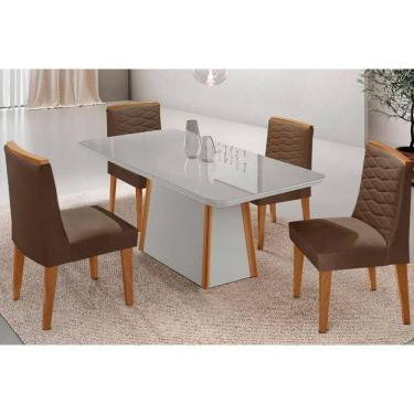 Imagem de Conjunto Sala de Jantar Tilia c/ Tampo Madeirado c/ Vidro Canto Curvo 120x80cm e 4 Cadeiras Maldivas Madeira Maciça Naturale/Off White - Capuccino/Sue