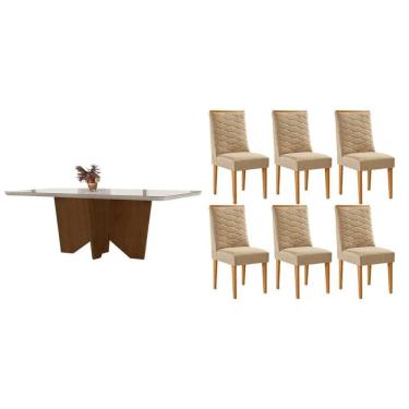 Imagem de Conjunto Sala de Jantar Nevada c/ Tampo Madeirado c/ Vidro Canto Curvo 180x90cm e 6 Cadeiras Maldivas Madeira Maciça Naturale/Off White - Capuccino/Li