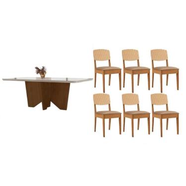 Imagem de Conjunto Sala de Jantar Nevada c/ Tampo Madeirado c/ Vidro Canto Curvo 180x90cm e 6 Cadeiras Havana Premium Naturale/Off White - Capuccino/Linho Bege-