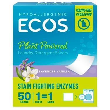 Imagem de ECOS Laundry Detergent Sheets - No Plastic Jug for 50 Loads - Vegan, No Mess & Liquid Free - Laundry Sheets in Washer - Hypoallergenic, Plant Powered Laundry Detergent Sheets, Lavender, 50 Count