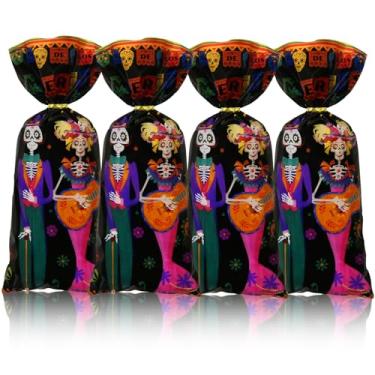 Imagem de Dia De Los Muertos Sacos de petiscos, 100 peças, casal esqueleto de caveira amante da música - Dia dos Mortos celofane doces lanches lembrancinhas de festa sacos de presente para decoração mexicana