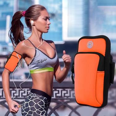 Imagem de Bolsa de braço esportiva para corrida, academia universal, braçadeira esportiva com orifício para fone de ouvido multifuncional, uso para corrida, caminhada, caminhada e ciclismo, Laranja, Moda