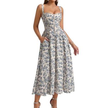 Imagem de Vestido KUTUMAI Espartilho floral Midi com fenda e bolsos azul XL