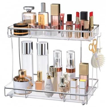 Imagem de Megier Organizador de banheiro, bancada, perfume, organizador de maquiagem, organizador de cosméticos, prateleira de penteadeira, cômoda, prateleira dourada, transparente, bandeja de acrílico ondulada