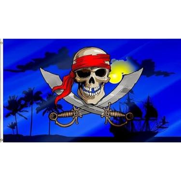 Imagem de Bandeira azul pirata de caveira noturna 30,5 x 45,7 cm - Bandeiras bordadas de nylon 210D resistente para quadriciclo ao ar livre, bandeira de carrinho de golfe, caixa de correio e dia da
