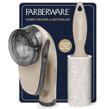 Imagem de Farberware Conjunto grande de removedor de fiapos e barbeador de tecido – barbeador de suéter alimentado por bateria com lâminas triplas e rolo extra pegajoso para pelos de animais de estimação