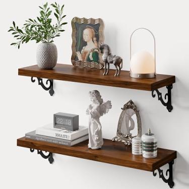 Imagem de Teneyu Prateleiras flutuantes de madeira maciça para parede com suportes de metal, prateleira de parede de madeira de pinho de 2 camadas de 61 cm, adequada para vários lugares, como quartos, cozinhas
